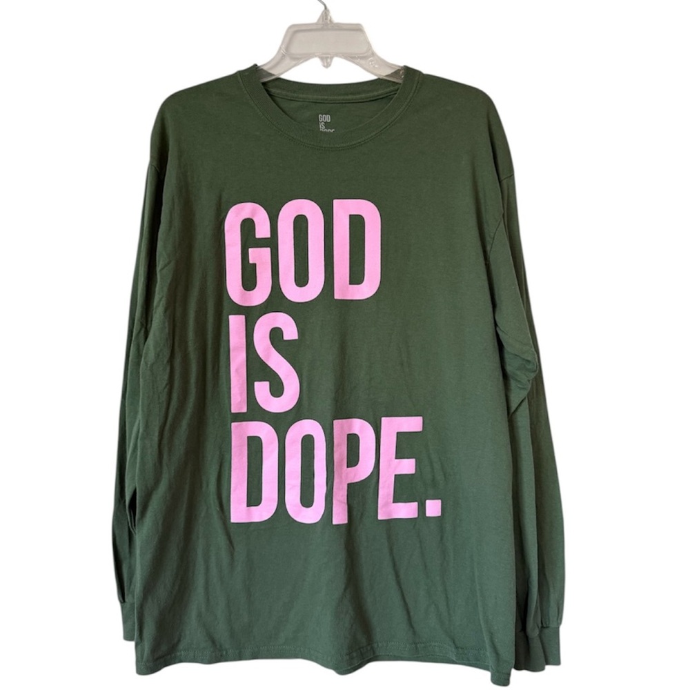 God is Dope brand long sleeve graphic t-shirt Large Green